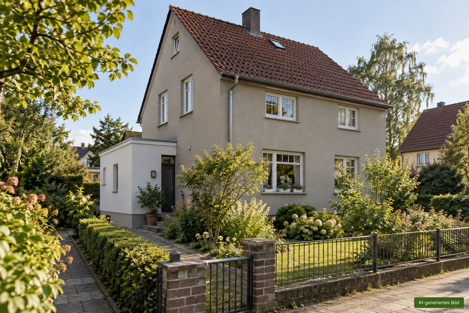 Grau verputztes Einfamilienhaus mit Ziegeldach, Anbau und grünem Vorgarten hinter einem niedrigen Gartenzaun.