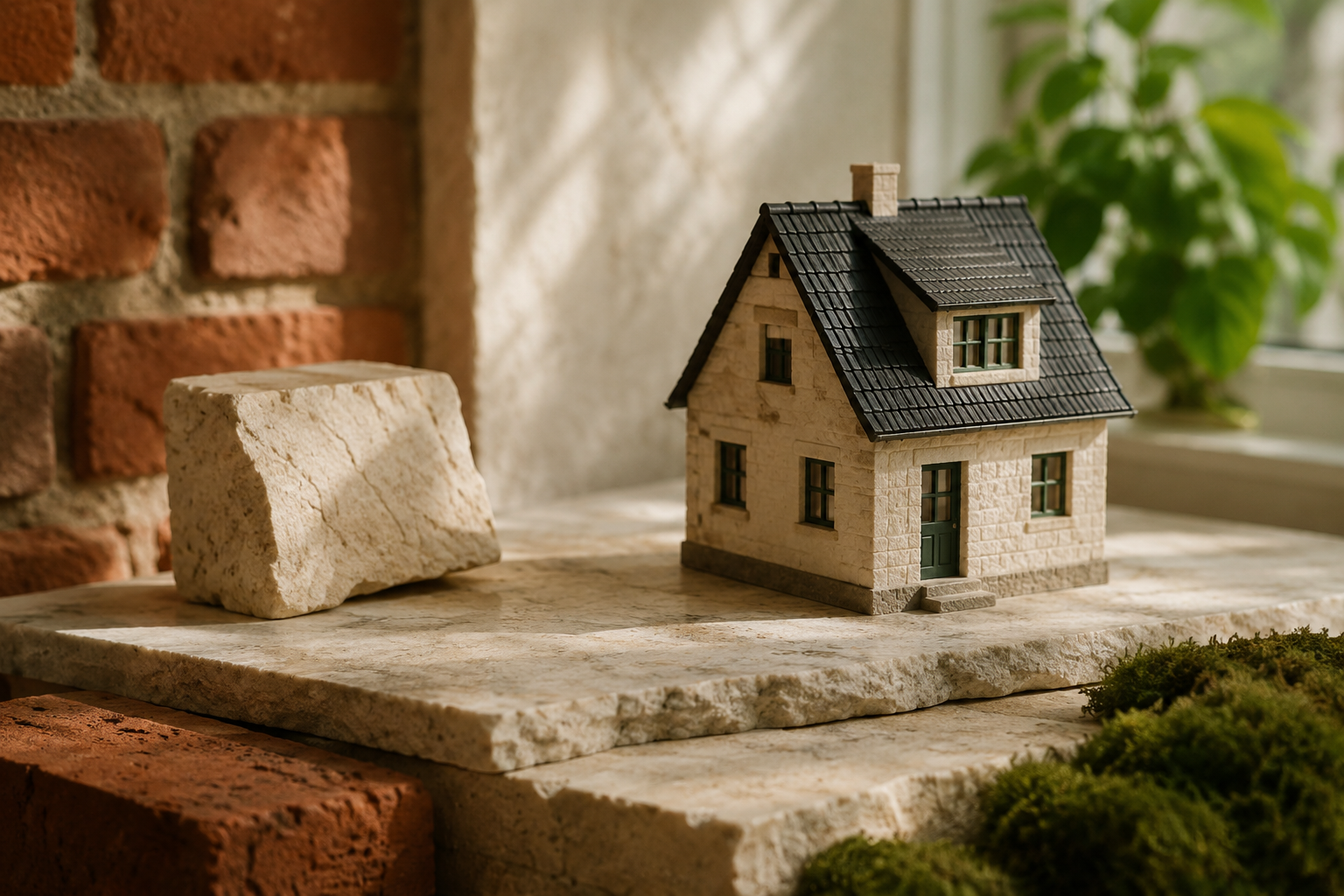 KI-generiertes Stillleben mit einem Modellhaus und unbeschriftetem Bauteilmuster auf einer Steinplatte