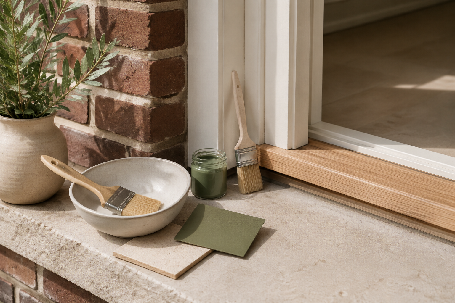 KI-generiertes Stillleben mit Pinseln, grüner Farbe und Materialmustern an einem Fenster