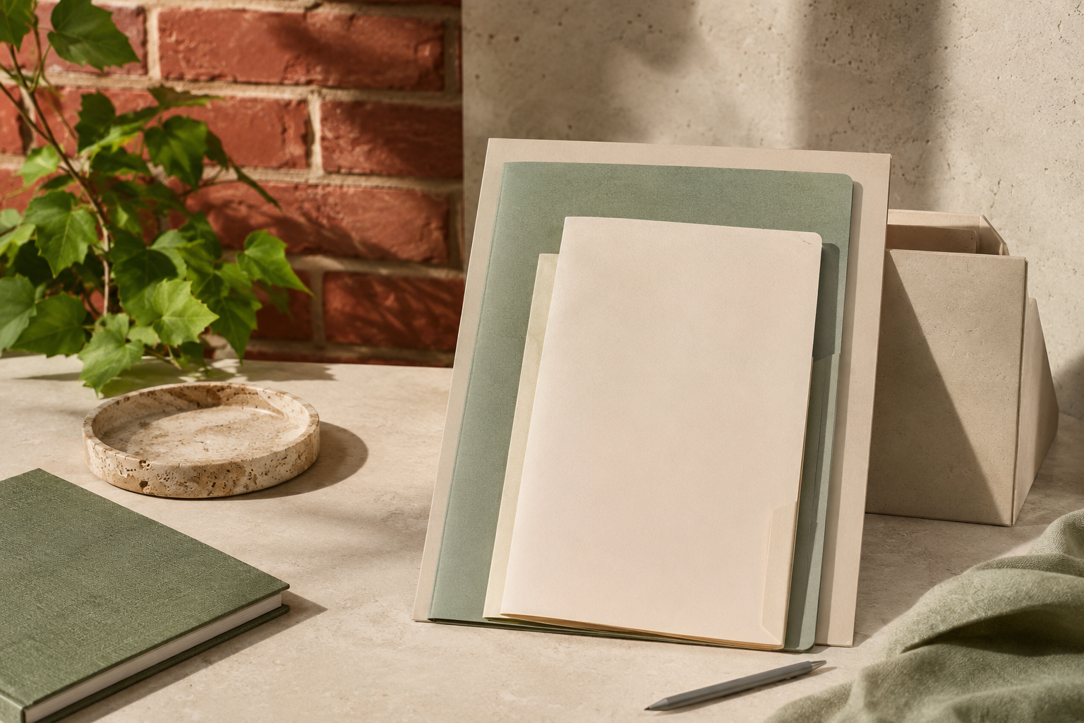 KI-generiertes Stillleben mit unbeschrifteter Dokumentenmappe, Papier und Stift